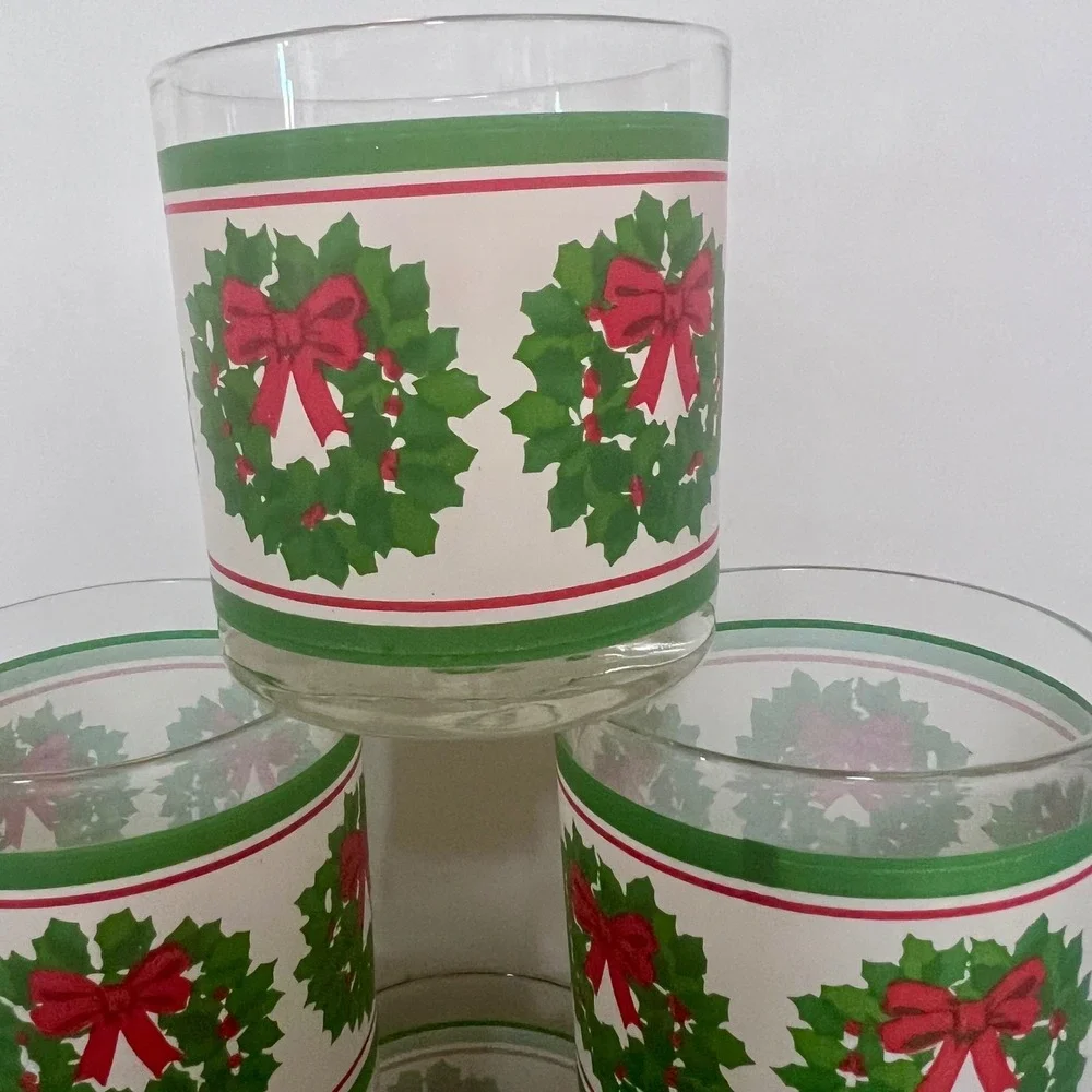 Vintage 70s Christmas Wreath Lowball Glasses Set of 6 Red Bow Holiday Barware